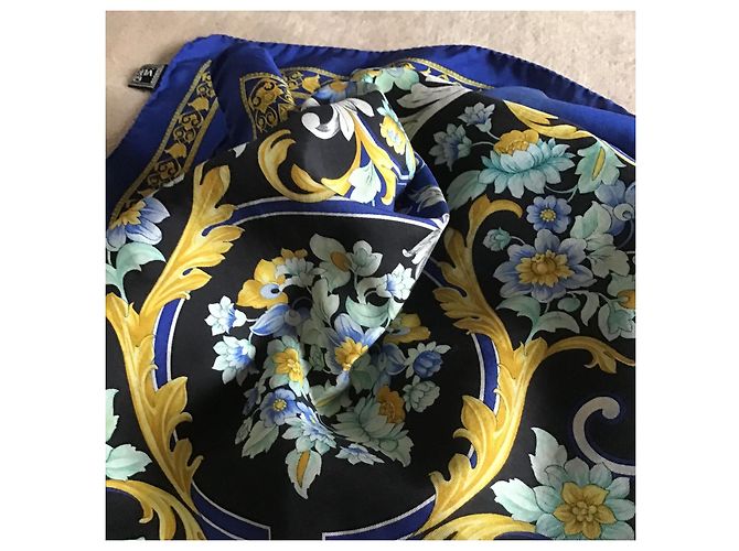 Gianni Versace Foulard Seta Barocco Anni 90 Nero Blu D'oro - vista 16