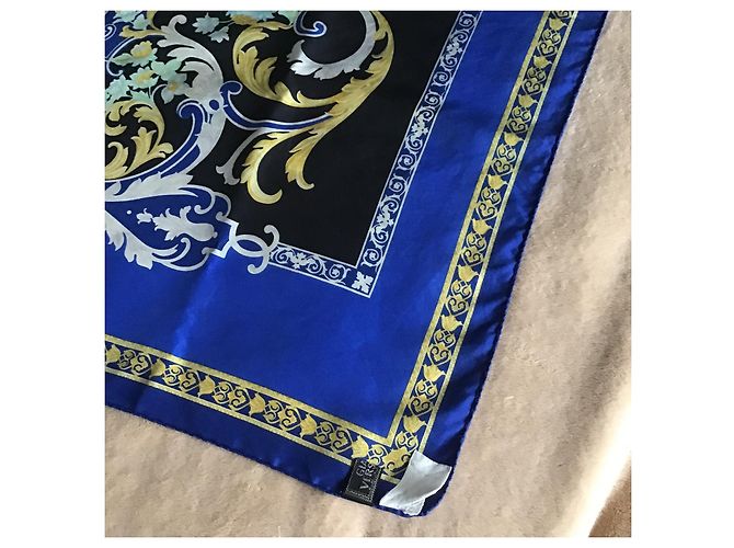 Gianni Versace Foulard Seta Barocco Anni 90 Nero Blu D'oro - vista 18