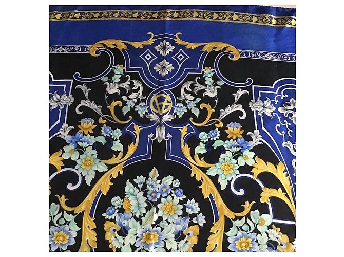 Gianni Versace Foulard Seta Barocco Anni 90 Nero Blu D'oro - vista 2