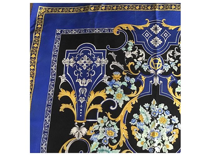 Gianni Versace Foulard Seta Barocco Anni 90 Nero Blu D'oro - vista 6