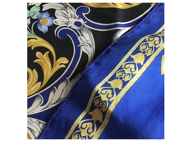 Gianni Versace Foulard Seta Barocco Anni 90 Nero Blu D'oro - vista 9