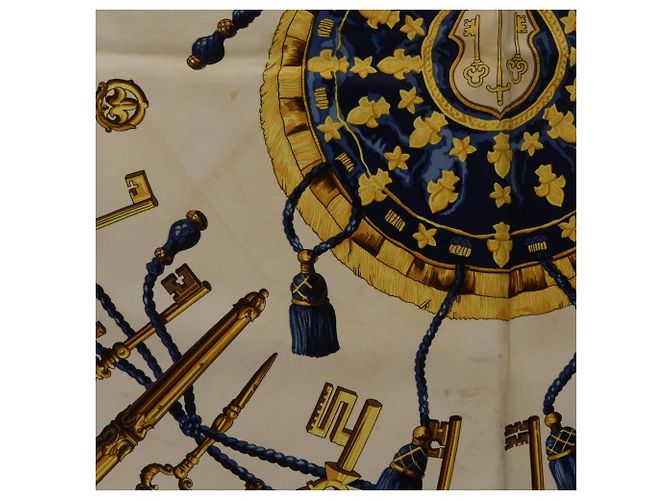 Hermès Hermes Carre 90 Les Cles Seidentuch Weiß Gelb Marineblau - Ansicht 4