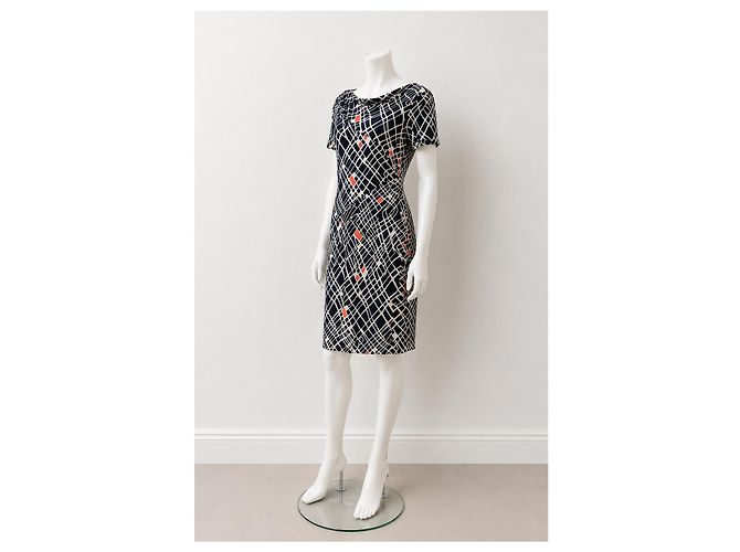 Diane von Furstenberg Vestido de Seda Geométrico ODA Negro Blanco Naranja - vista 2