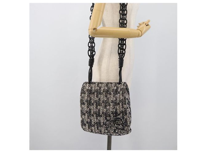 Borsa a tracolla CHANEL Chain Camelia tweed Black Silver CC Auth 196017M Nero Argento - vista 23