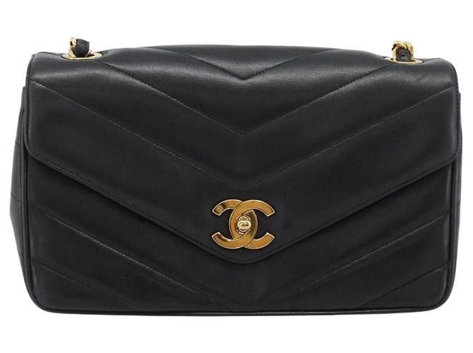Borsa a tracolla con catena CHANEL V stitch in pelle d'agnello nera e oro CC Auth 195911V Nero D'oro - vista 13
