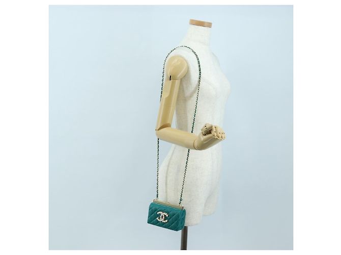 CHANEL Matelasse Chain Shoulder Bag Lamb Skin Green Gold CC Auth 195029SM Golden - view 22