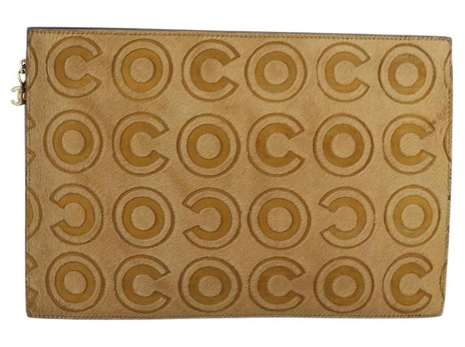 Borsa Clutch CHANEL Pelle Harako Marrone Oro CC Auth 195999A D'oro - vista 13