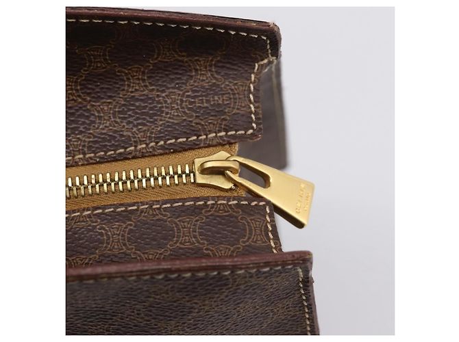 Céline Borsa a mano CELINE Macadam Canvas PVC Pelle Marrone Oro Auth 196285 D'oro - vista 10