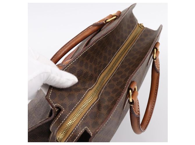Céline Borsa a mano CELINE Macadam Canvas PVC Pelle Marrone Oro Auth 196285 D'oro - vista 6
