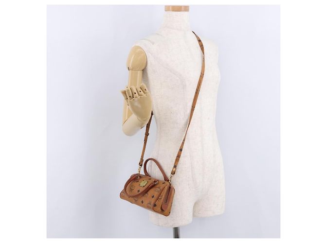 Borsa MCM Logogram Vicetos Mini Boston Bag PVC Leather 2way Brown Gold Auth 193348 Marrone D'oro - vista 21