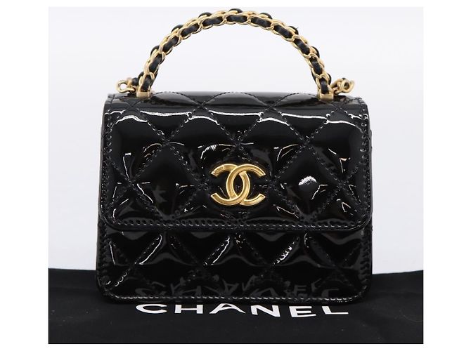 Borsa a mano CHANEL Matelasse in pelle verniciata 2way Nera Oro CC Auth 196372SAM Nero D'oro - vista 12