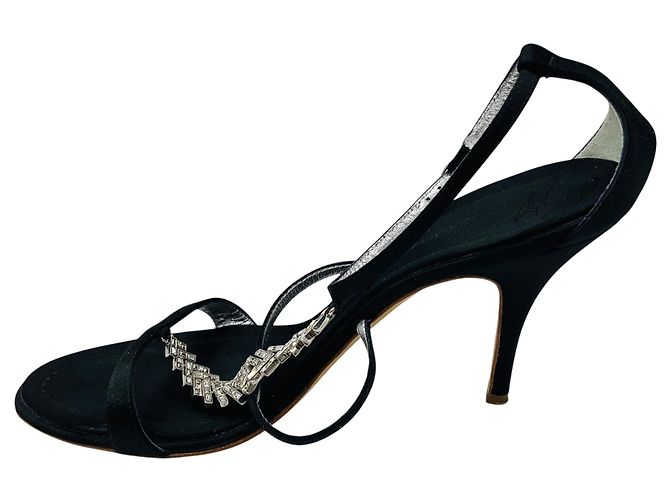 Giuseppe Zanotti Black Crystal Embellished Strappy Satin Sandals - view 3