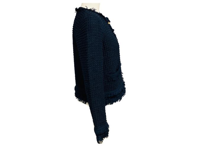 Cárdigan de punto de algodón azul marino con flecos Thom Browne con botones de ancla dorados - vista 2