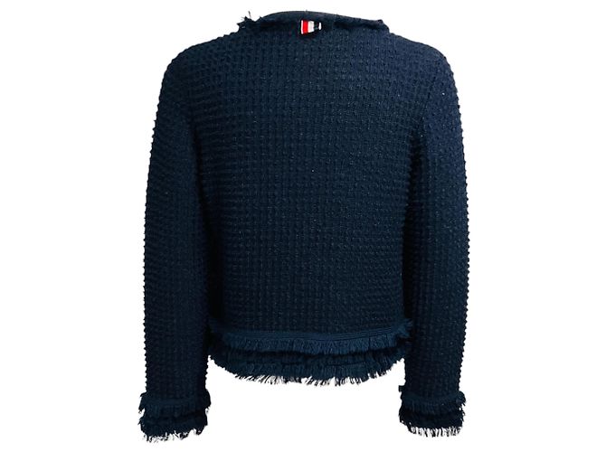 Cárdigan de punto de algodón azul marino con flecos Thom Browne con botones de ancla dorados - vista 3