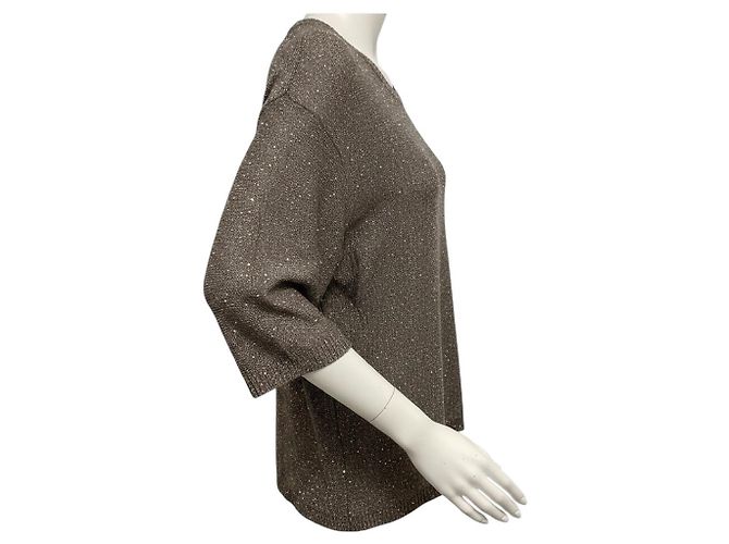 Autre Marque Pull en maille de lin et coton à sequins micro Taupe / Silver à manches trois quarts Amina Rubinacci Marron - vue 2