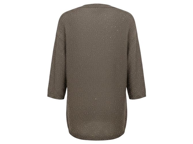 Autre Marque Pull en maille de lin et coton à sequins micro Taupe / Silver à manches trois quarts Amina Rubinacci Marron - vue 3