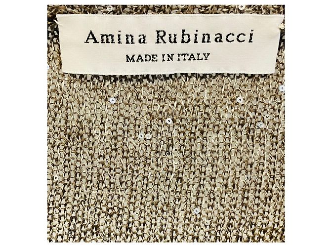 Autre Marque Pull en maille de lin et coton à sequins micro Taupe / Silver à manches trois quarts Amina Rubinacci Marron - vue 4