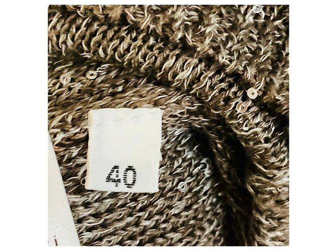 Autre Marque Pull en maille de lin et coton à sequins micro Taupe / Silver à manches trois quarts Amina Rubinacci Marron - vue 5
