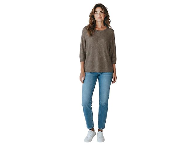 Autre Marque Pull en maille de lin et coton à sequins micro Taupe / Silver à manches trois quarts Amina Rubinacci Marron - vue 6