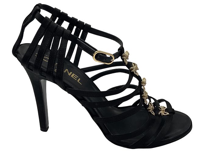 Chanel RARE Vintage 1999 Sandali Caged in Raso Nero con Fiocco e Strass - vista 2