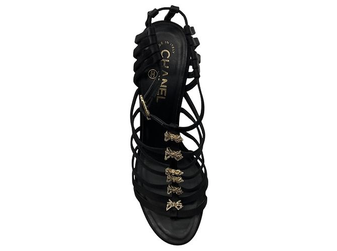 Chanel RARE Vintage 1999 Sandali Caged in Raso Nero con Fiocco e Strass - vista 4