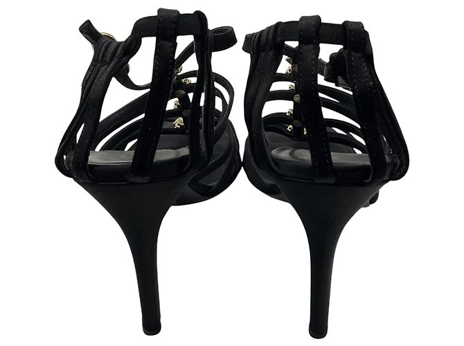 Chanel RARE Vintage 1999 Sandali Caged in Raso Nero con Fiocco e Strass - vista 5
