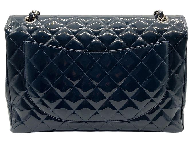 Timeless Borsa Maxi Flap Chanel in pelle verniciata blu navy - vista 3
