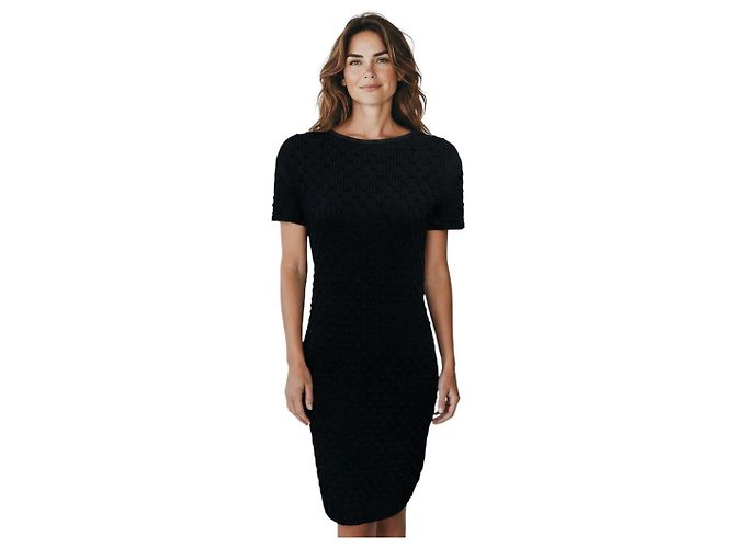 Vestido Chanel preto 2018 em malha canelada de piqué de algodão texturizado com mangas curtas e placa com logo CC - vista 8