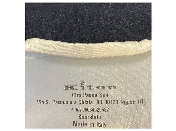 Abrigo de cachemira largo Kiton azul marino / blanco con ribete a rayas de grosgrain - vista 4