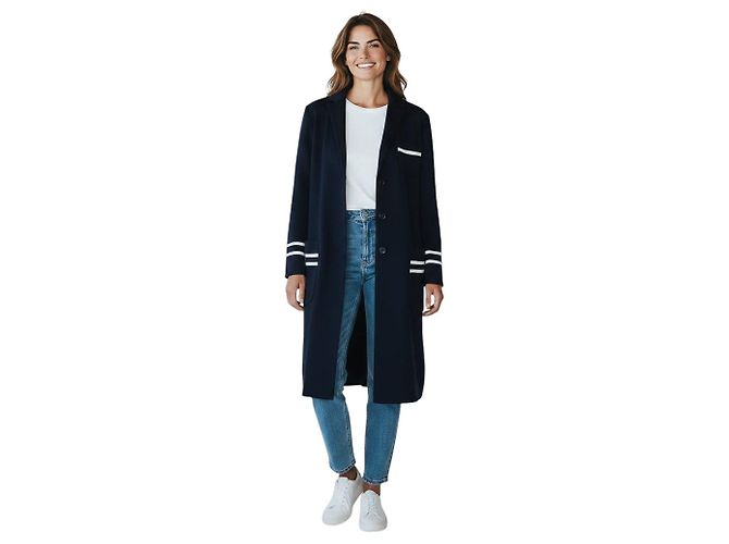 Abrigo de cachemira largo Kiton azul marino / blanco con ribete a rayas de grosgrain - vista 8