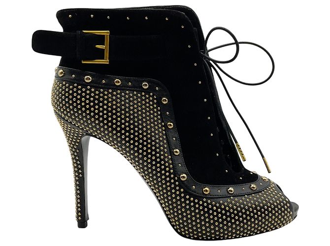 Stivaletti stringati peep toe Alexander McQueen in camoscio nero / pelle con borchie dorate - vista 2