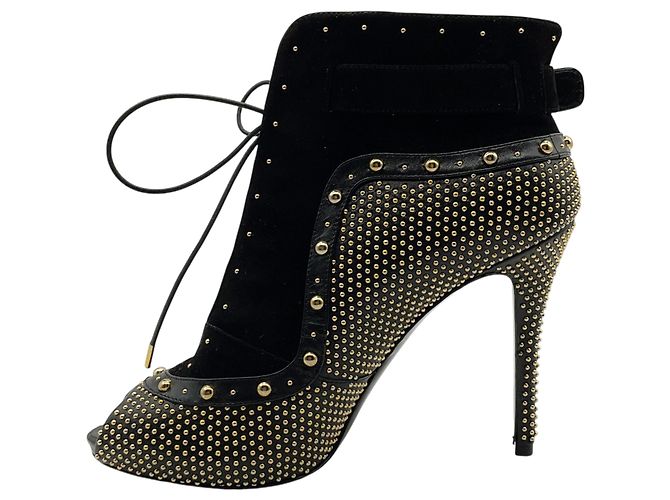 Stivaletti stringati peep toe Alexander McQueen in camoscio nero / pelle con borchie dorate - vista 3