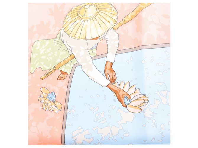 Hermès Carré 90 "MARCHE FLOTTANT DU LAC INLE" Pañuelo de seda en Rosa - vista 11