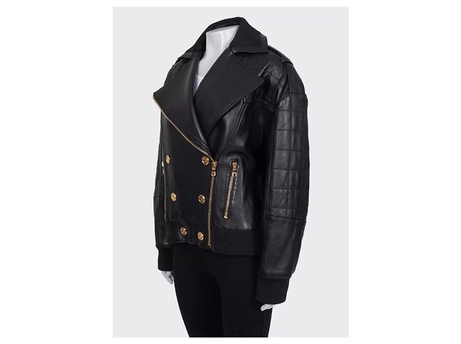 Giacca iconica Balmain in pelle di agnello nera con bottoni dorati FR 36 usata - vista 2