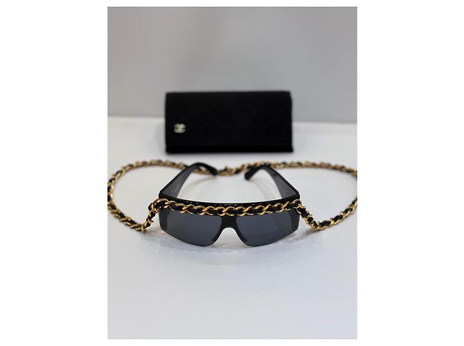 Chanel Rectangular Sunglasses with Gold Chain - Black - view 2