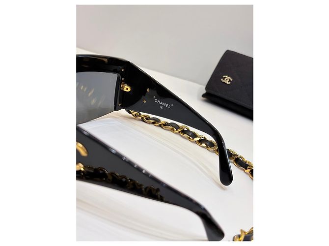 Chanel Rectangular Sunglasses with Gold Chain - Black - view 8
