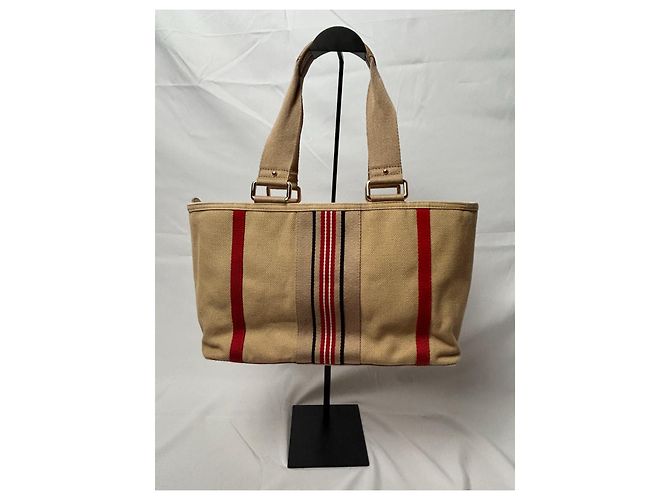 Borsa Burberry in tela e pelle a righe Nero Bianco Rosso Beige - vista 10