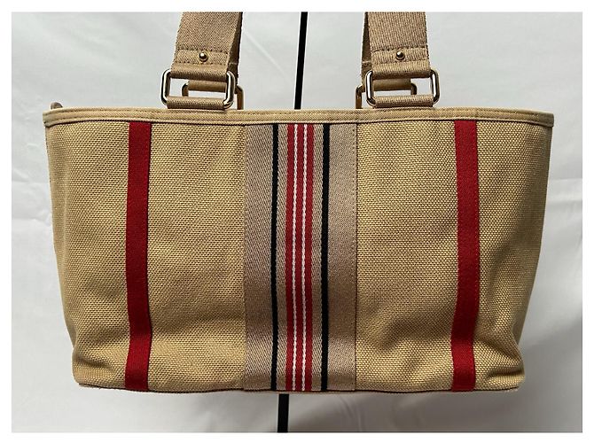Borsa Burberry in tela e pelle a righe Nero Bianco Rosso Beige - vista 11