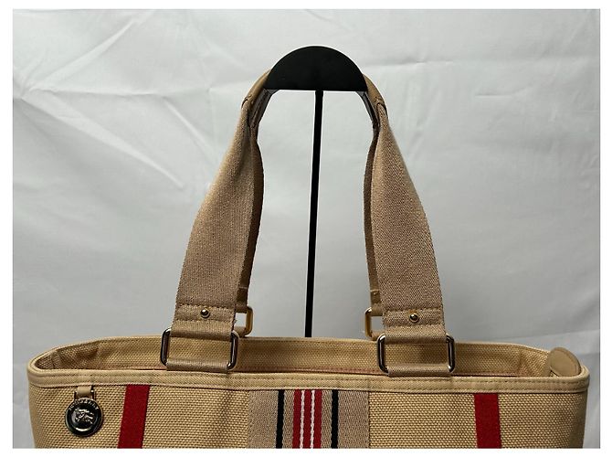 Borsa Burberry in tela e pelle a righe Nero Bianco Rosso Beige - vista 14