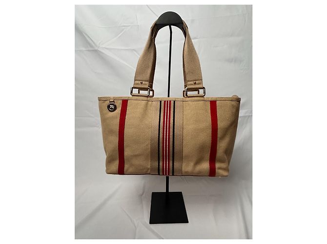 Borsa Burberry in tela e pelle a righe Nero Bianco Rosso Beige - vista 2