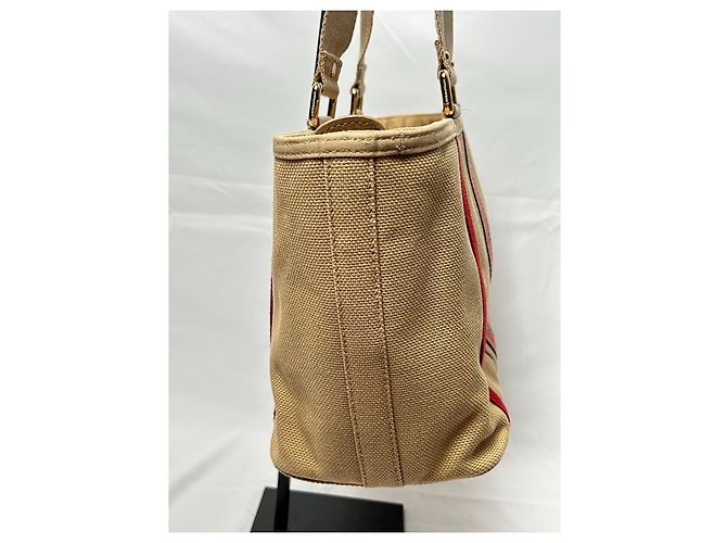 Borsa Burberry in tela e pelle a righe Nero Bianco Rosso Beige - vista 7