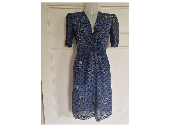 Lanvin Paris Midikleid mit blauem Blumenprint Weiß Marineblau - Ansicht 2