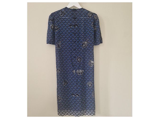 Lanvin Paris Midikleid mit blauem Blumenprint Weiß Marineblau - Ansicht 4