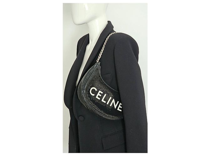Céline Borsa CELINE Ava Chain in pelle nera glitterata Nero Bianco - vista 7
