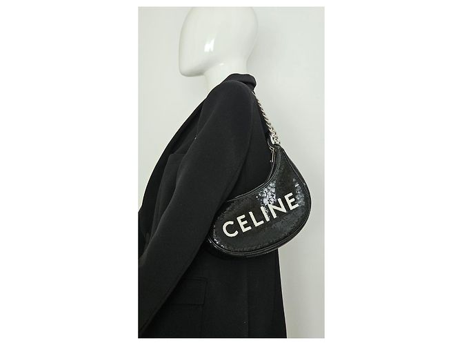 Céline Borsa CELINE Ava Chain in pelle nera glitterata Nero Bianco - vista 8