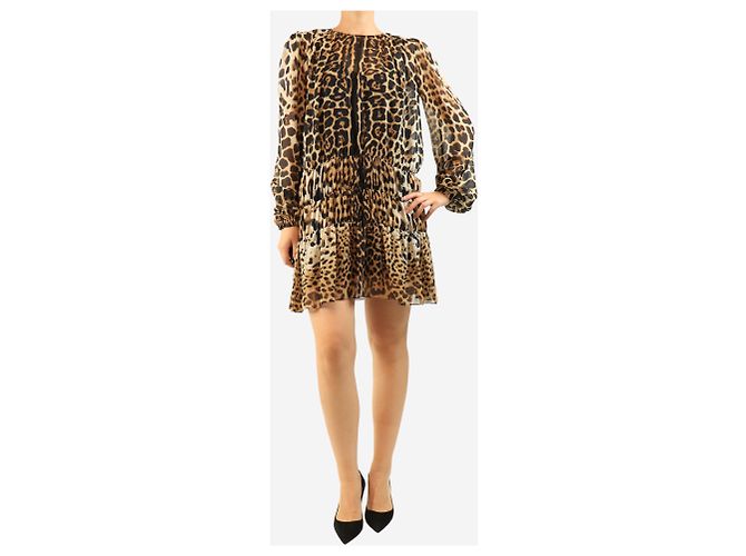 Saint Laurent Mini vestido de seda marrón con estampado de leopardo - size UK 10 Castaño - vista 3