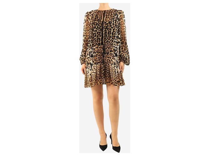 Saint Laurent Mini vestido de seda marrón con estampado de leopardo - size UK 10 Castaño - vista 4