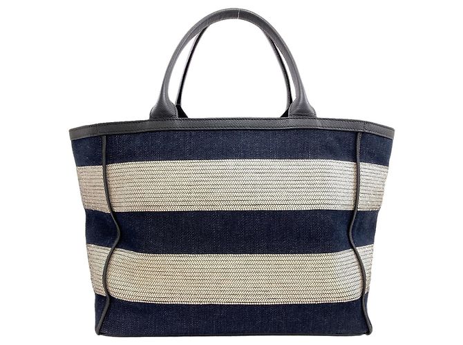 Valextra gestreifter Canvas Tote Bag Weiß Marineblau - Ansicht 2