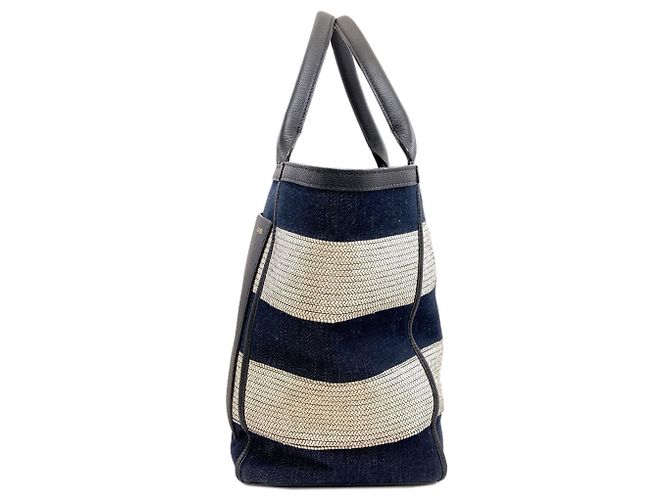Valextra gestreifter Canvas Tote Bag Weiß Marineblau - Ansicht 3