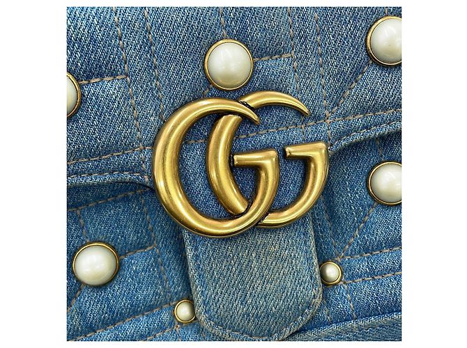 Borsa a tracolla Gucci GG Marmont Small in denim con catena Blu - vista 15